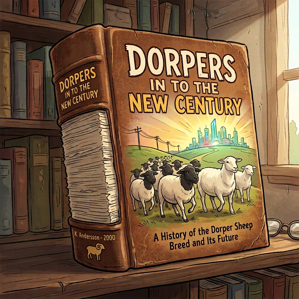 Book text: “DORPERS IN TO THE NEW CENTURY,” “A History of the Dorper Sheep Breed and Its Future,” and “K. Andersson - 2000”
